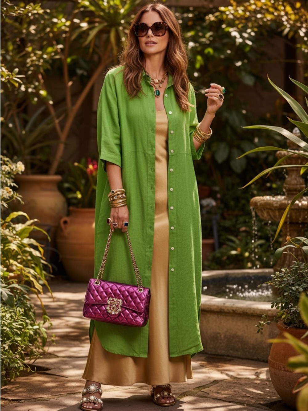 Green Maxi Shirt Dress with Gold Slip - Womens Maxi Dress